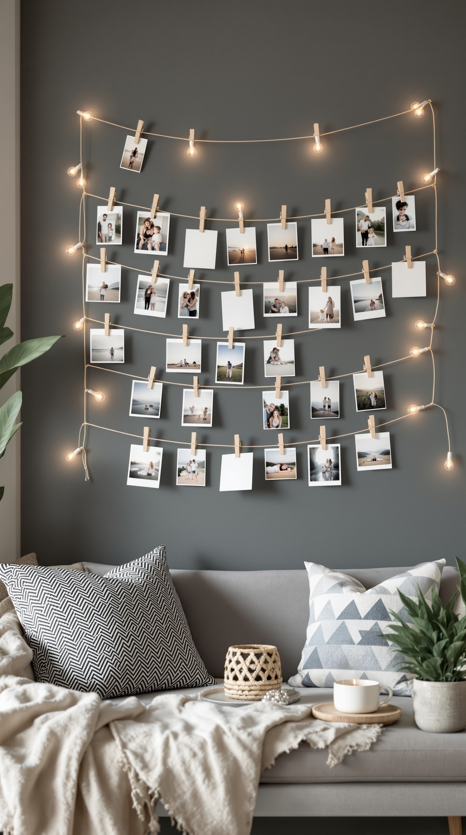 A cozy DIY clip photo wall with string lights and family photos