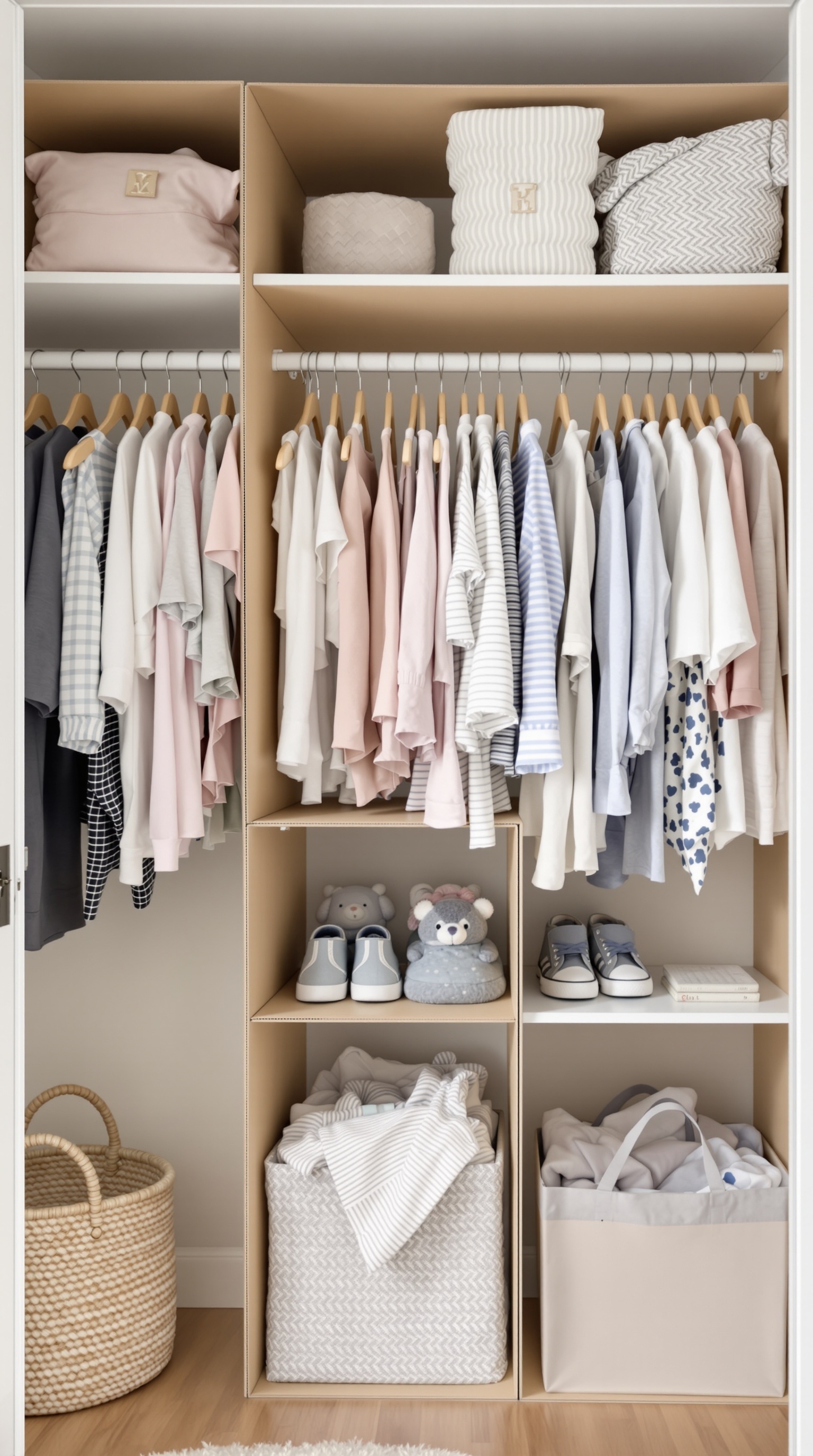 A well-organized baby closet with clothes, shoes, and storage baskets
