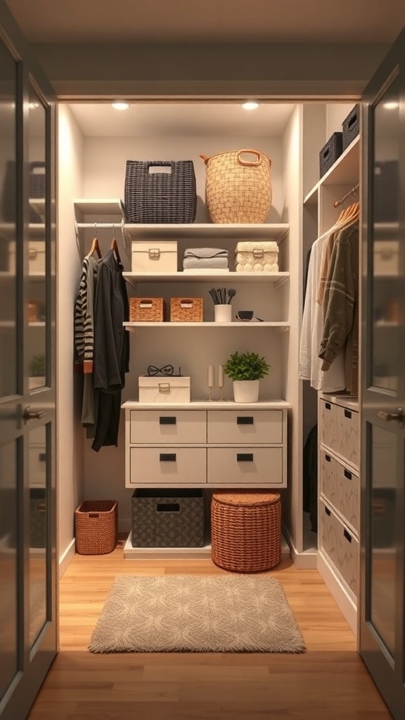 A neatly organized small closet with shelves, baskets, and drawers.