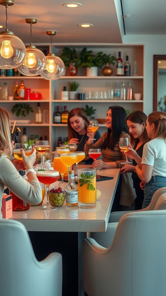 A group of friends enjoying a cocktail mixing class at home, with colorful drinks and lively conversation.