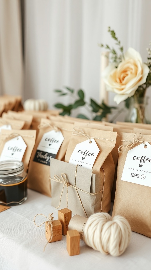 A charming DIY coffee bag station featuring neatly arranged coffee bags with labels, twine, and decorative elements.