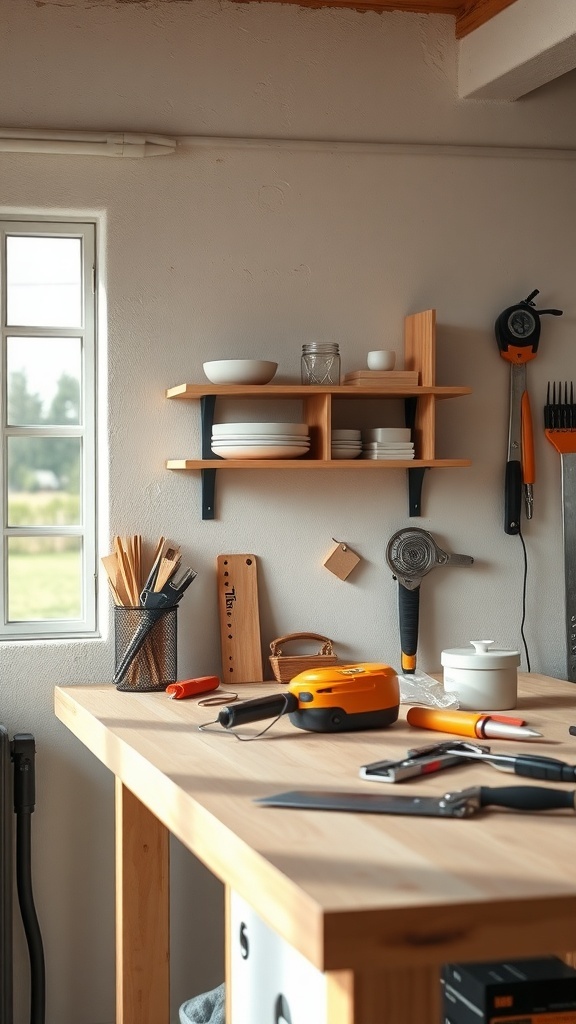 A wooden corner shelf displaying plates and jars in a cozy kitchen setting.