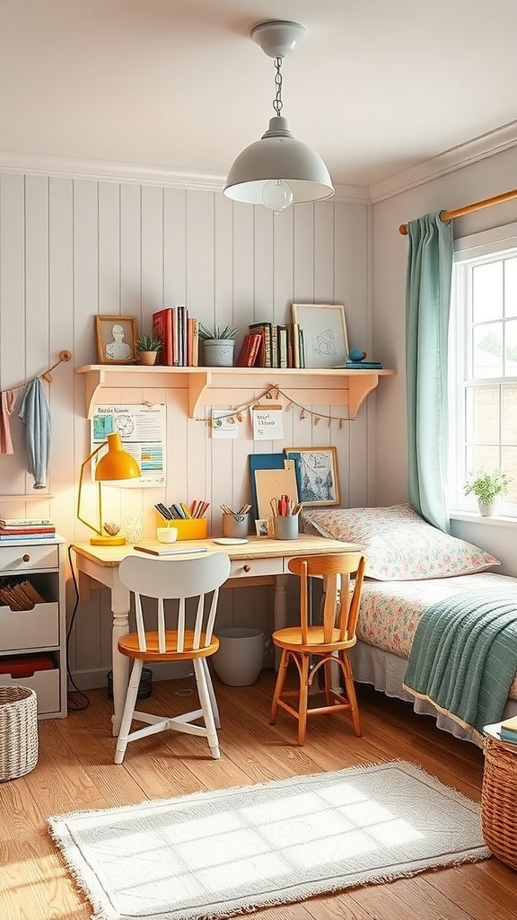A cozy country-style teen bedroom featuring a DIY craft corner with a desk, colorful stationery, and warm lighting.