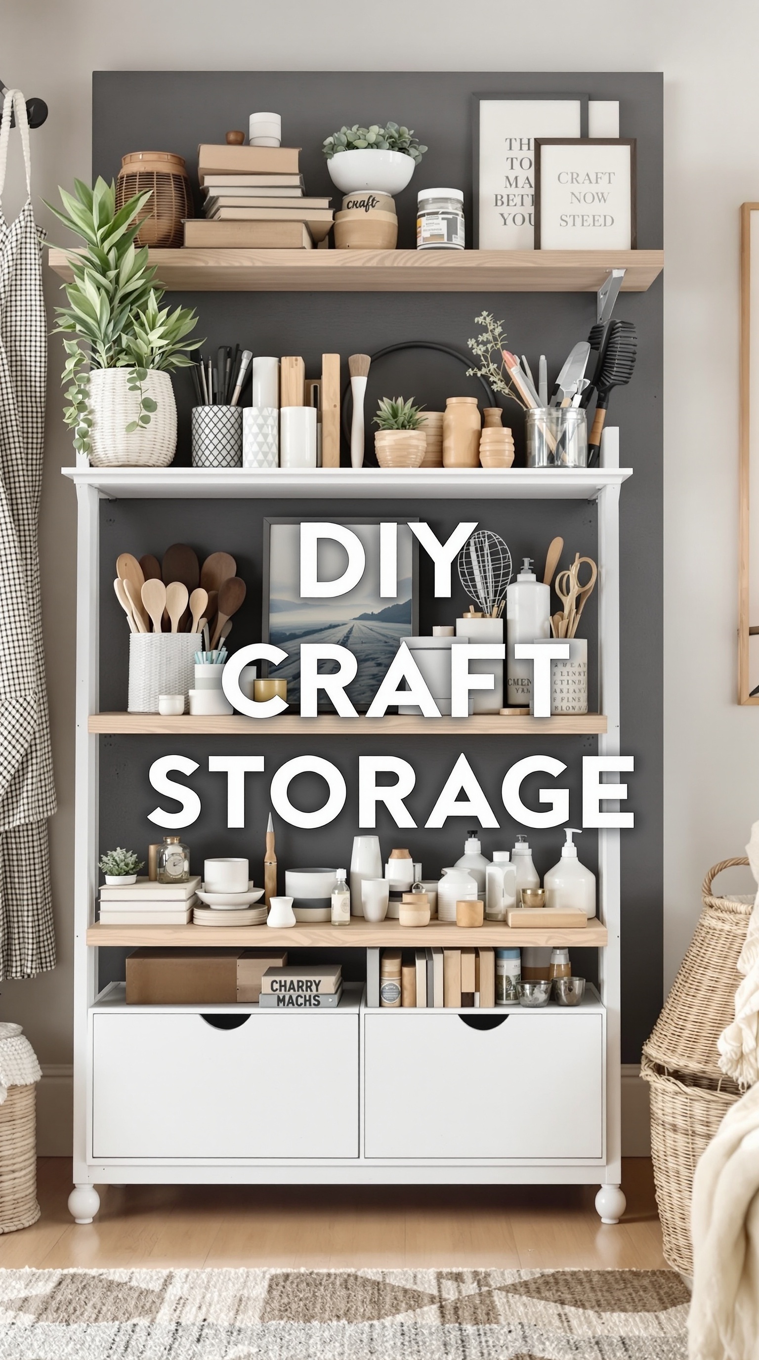 A stylish DIY craft storage unit with shelves filled with craft supplies, plants, and decorative items.