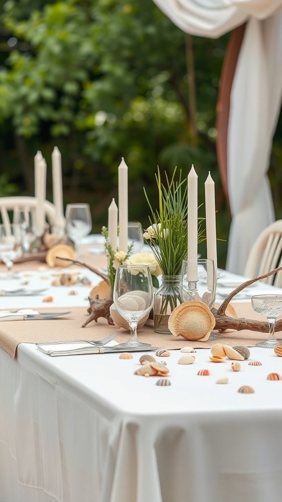 A beautifully arranged table for a beach wedding with candles, seashells, and greenery.