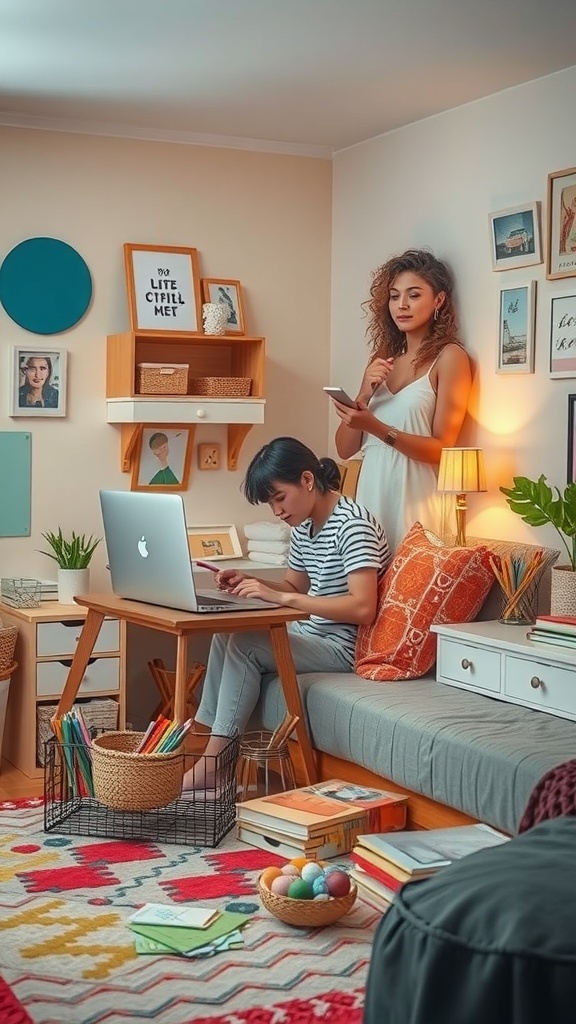 A cozy dorm room with two friends, one working on a laptop and the other standing nearby, surrounded by colorful decor.