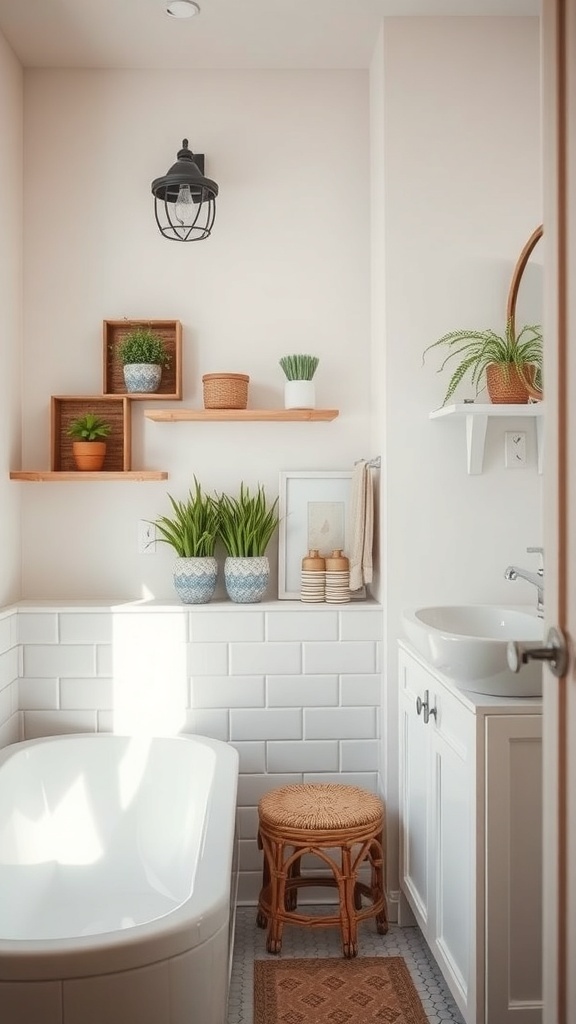 Cozy bathroom with plants, wooden shelves, and a rattan stool