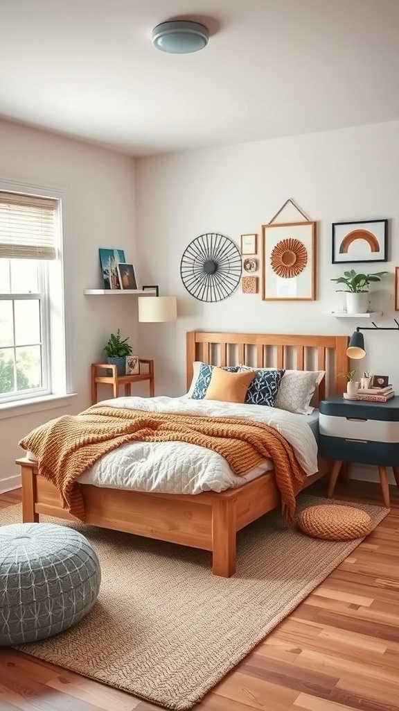A cozy teen bedroom with a wooden bed, warm orange throw, stylish decor, and a welcoming atmosphere.