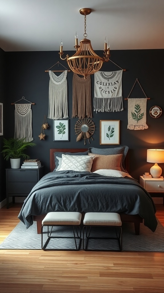 A dark teen bedroom featuring macramé wall hangings, cozy bedding, and warm lighting.