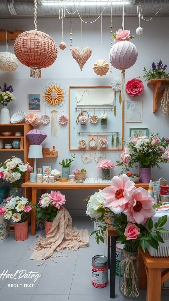 A creative workspace filled with colorful DIY wedding decorations including flowers, paper lanterns, and crafting supplies.