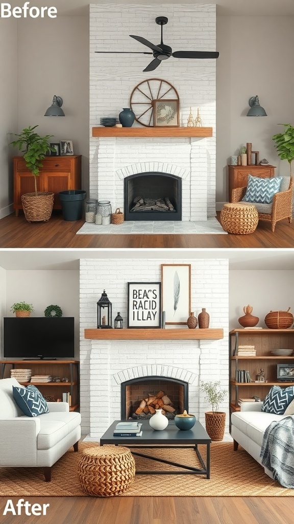 Before and after images of a fireplace makeover, showing a transformation from a plain design to a cozy, stylish space.