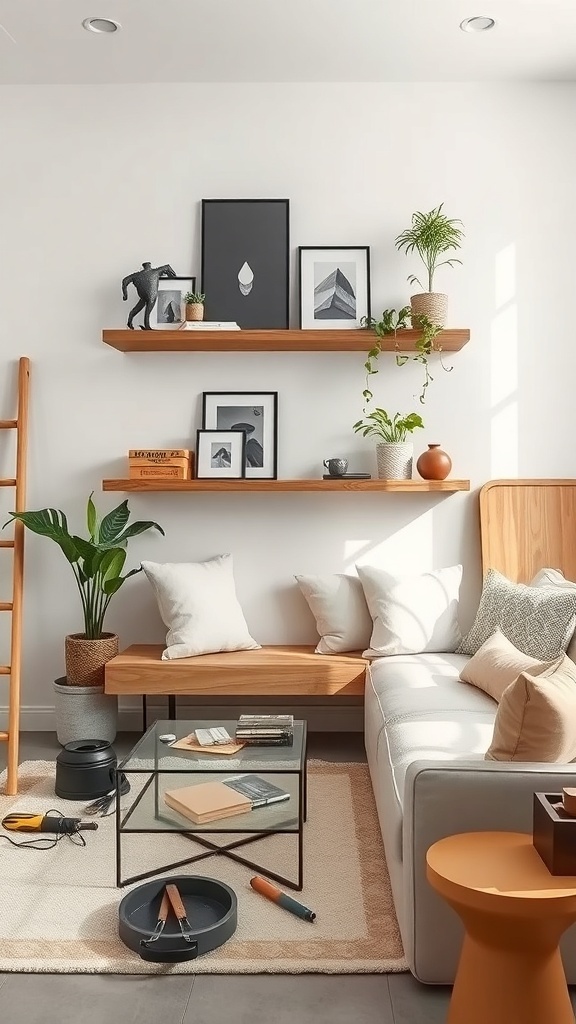 A cozy living room featuring DIY floating shelves with decorative items and plants.
