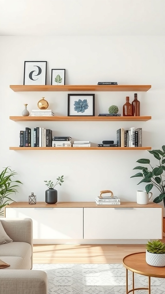 A modern living room with floating shelves displaying books, plants, and decorative items.