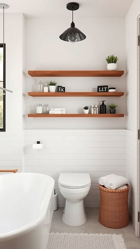 A modern bathroom featuring DIY floating shelves with plants and decorative items.