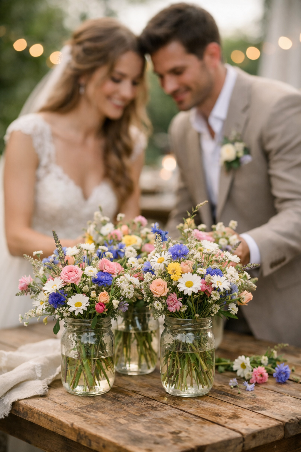 Couple assembling colorful floral arrangements in mason jars for a backyard wedding.