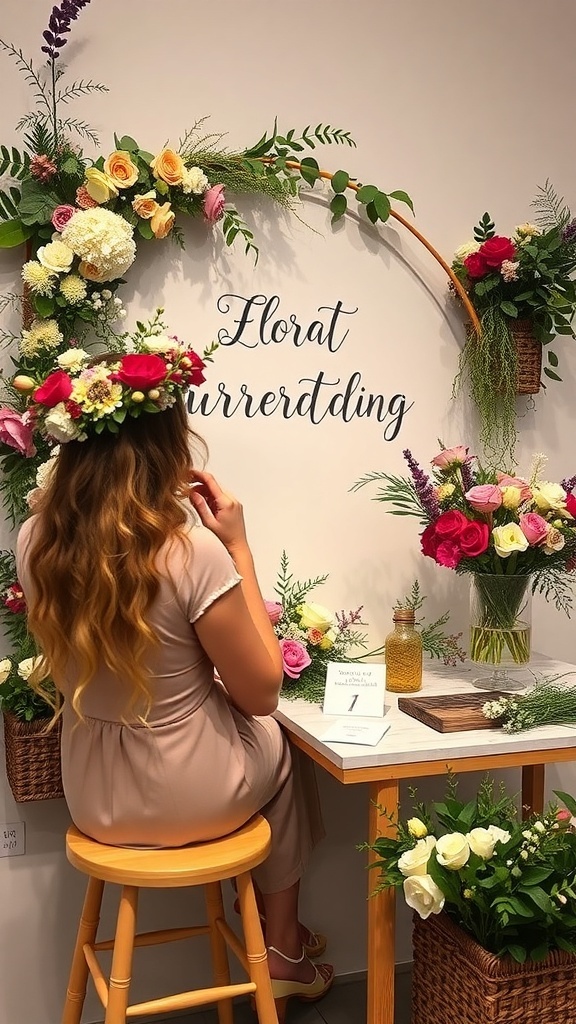 A woman making a floral crown at a DIY station surrounded by beautiful flowers.