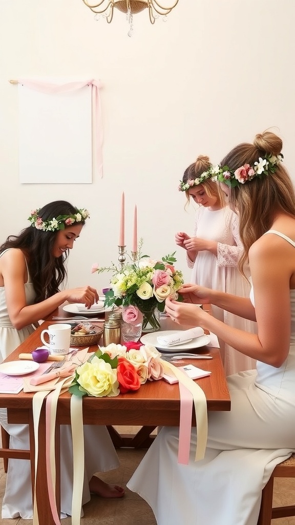 Women creating flower crowns at a bridal shower