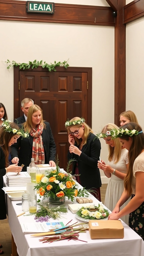 Guests at a backyard wedding making DIY flower crowns at a crafting station.