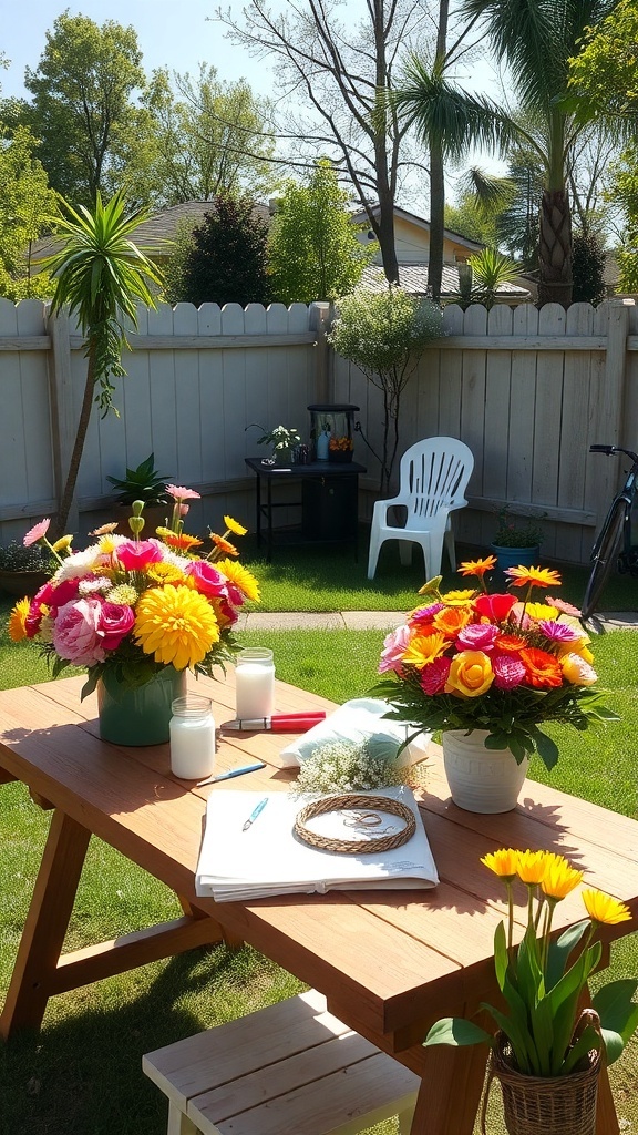 A beautiful outdoor table setup for a flower crown crafting station, surrounded by colorful flower arrangements.