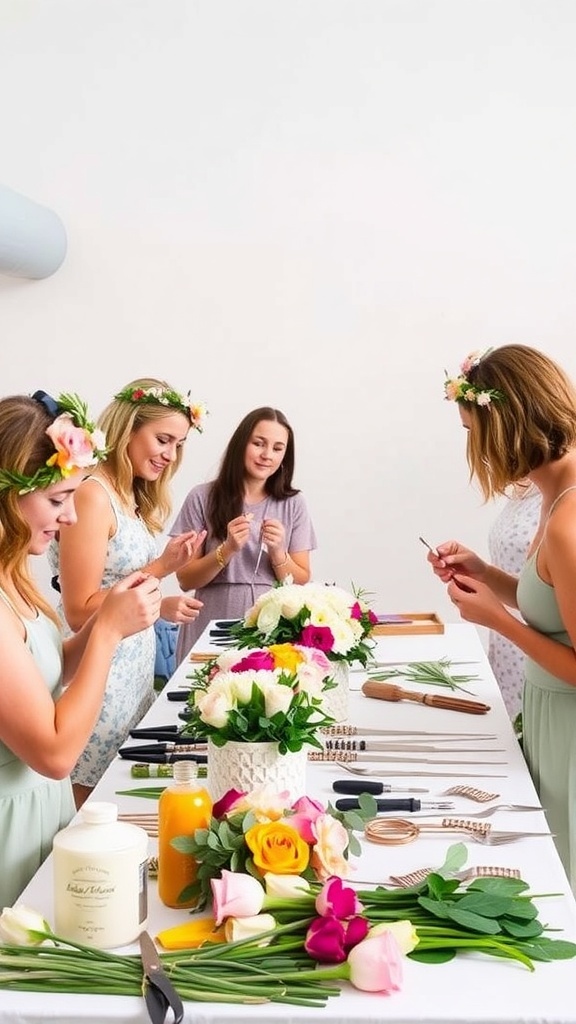 A group of women participating in a DIY flower crown workshop, surrounded by flowers and crafting materials.
