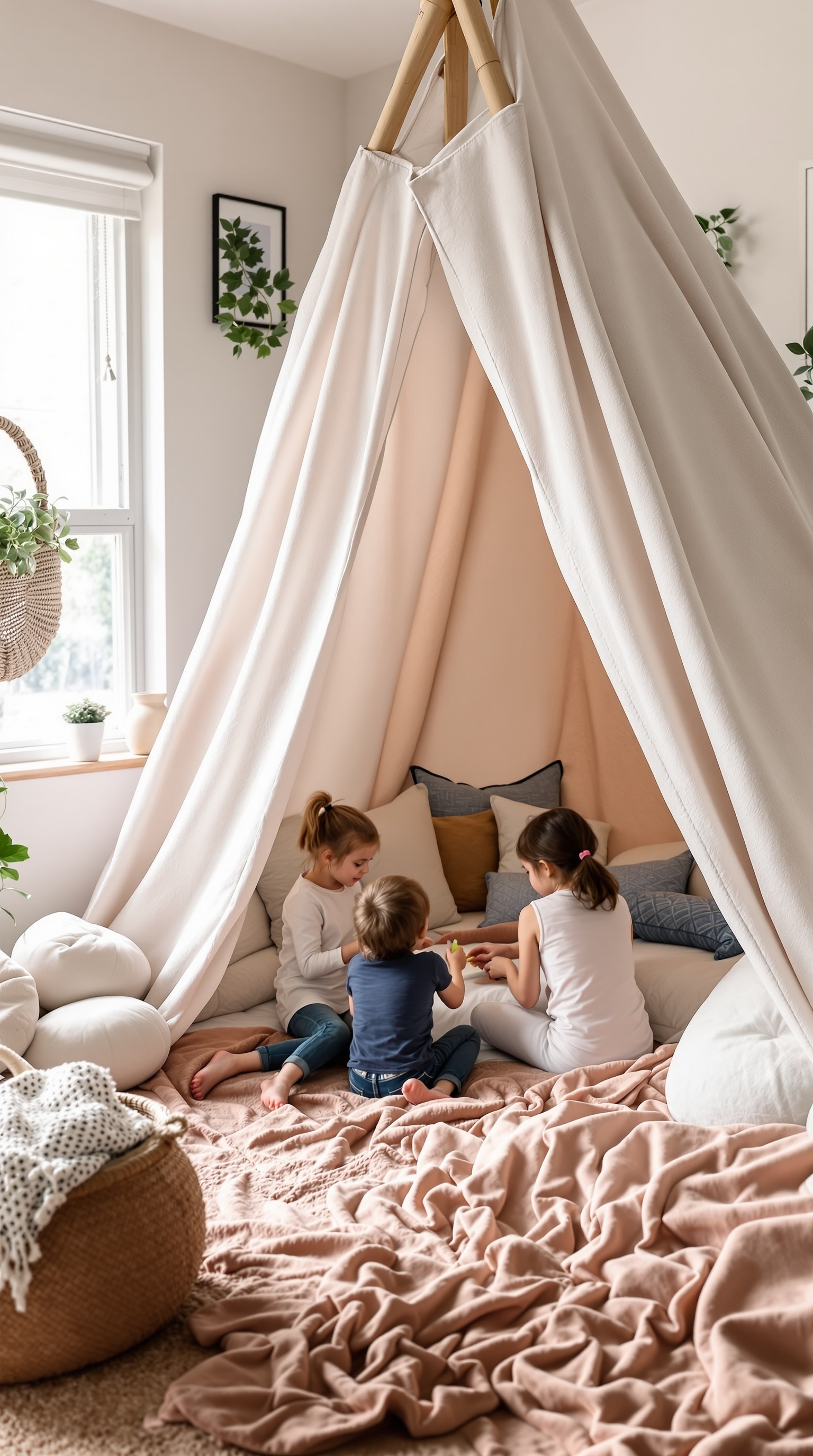 Children playing inside a DIY fort made from fabric and cushions.