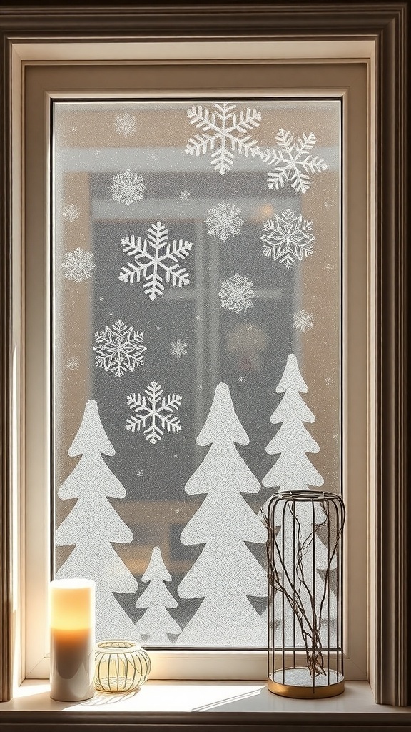 A window decorated with a frosted glass effect featuring snowflakes and trees, with candles on the sill.