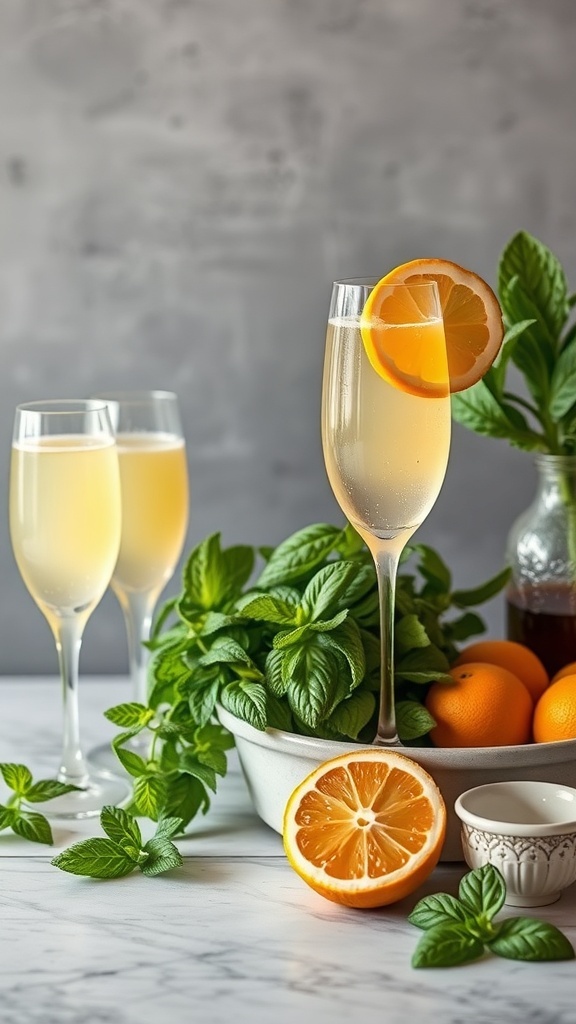 A DIY mimosa bar featuring flutes of mimosas garnished with orange slices, fresh mint, and a bowl of oranges and mint leaves.
