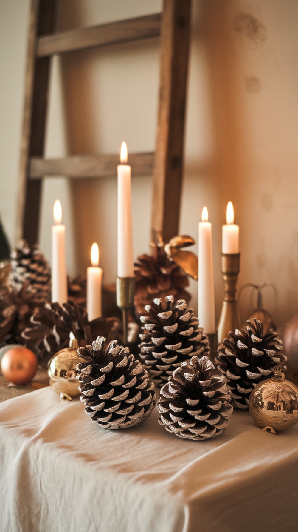 A cozy display of glittered pinecones, candles, and ornaments on a table, creating a festive atmosphere.