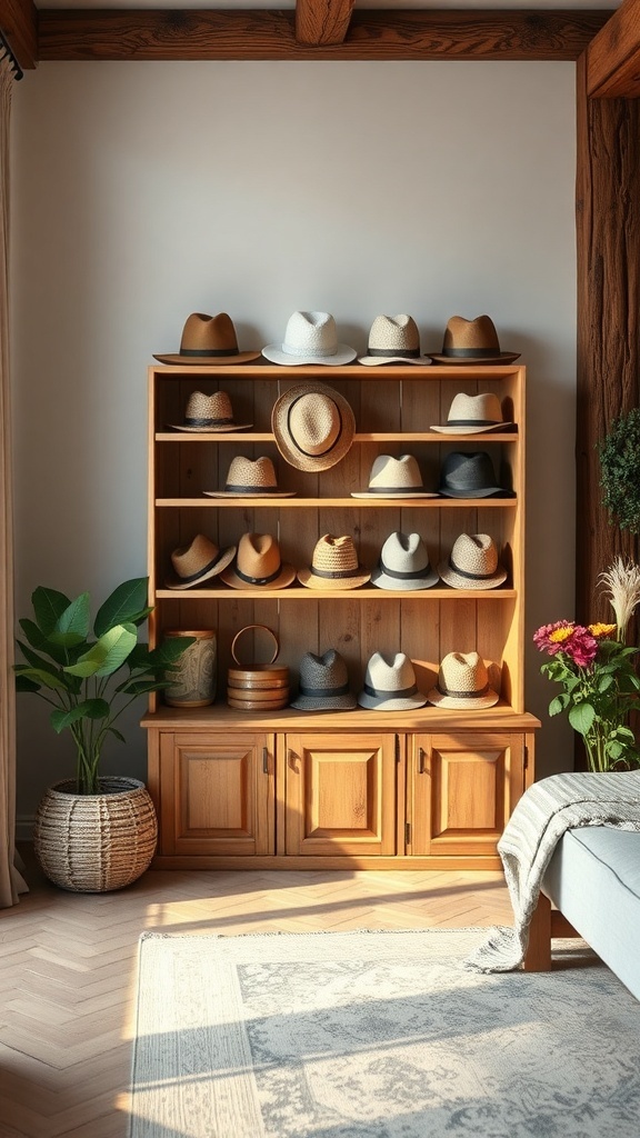 A wooden shelf displaying various hats, complemented by plants and decorative items.