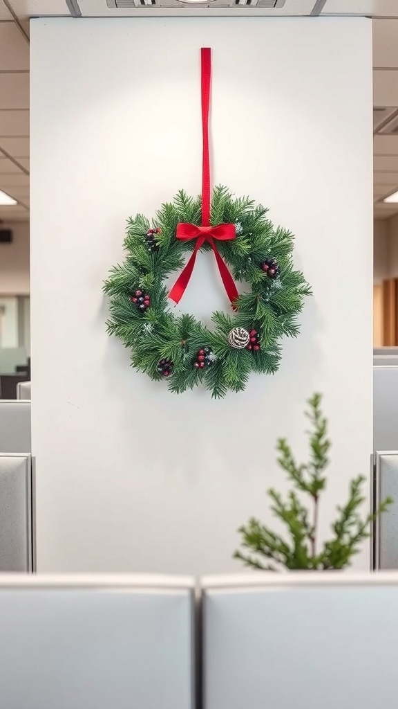 A green holiday wreath with red berries and a red bow hanging on a white wall in an office cubicle.
