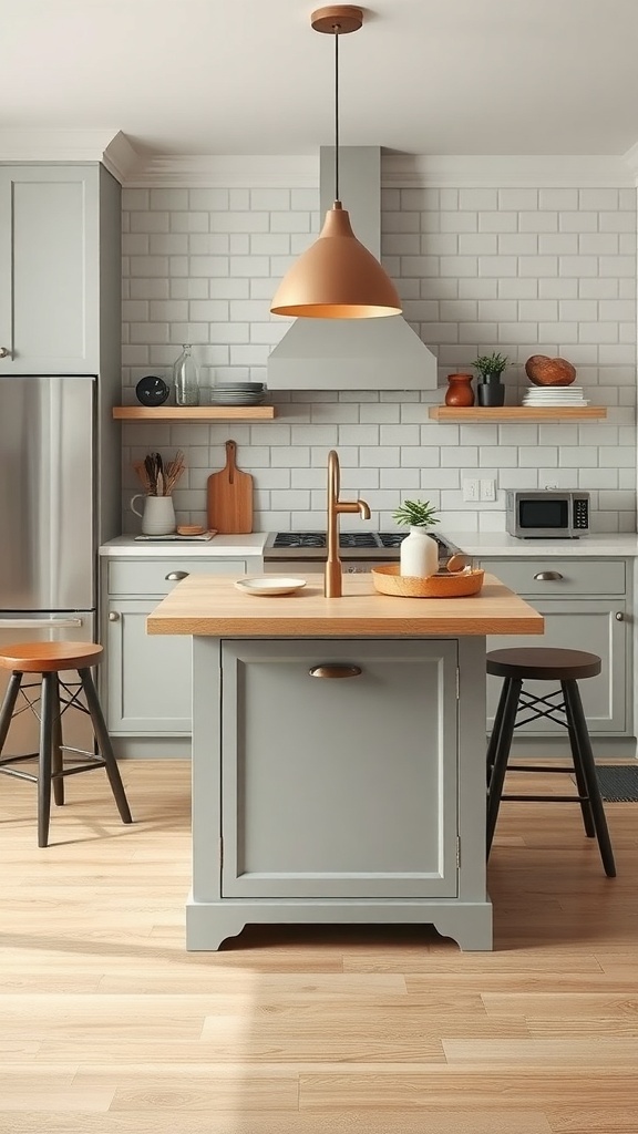 A modern small kitchen island with a light gray finish and a wooden countertop, featuring stylish bar stools and pendant lighting.