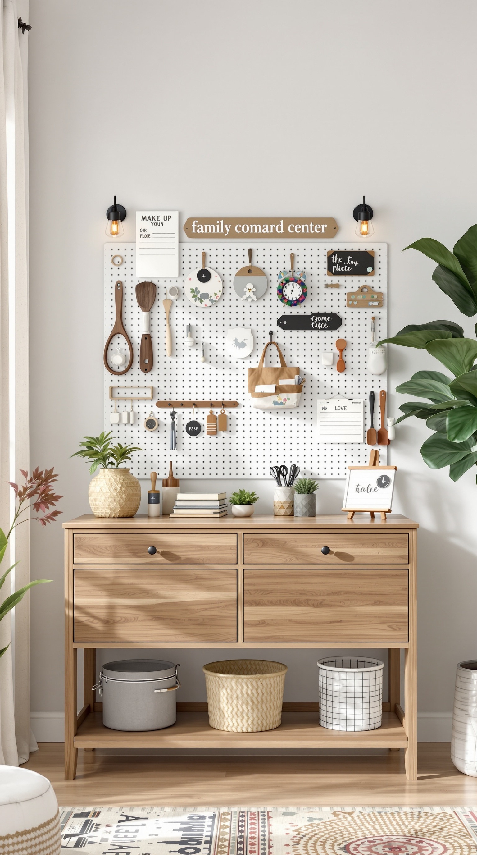 A stylish family command center featuring a pegboard wall with various organizational tools, plants, and a wooden storage unit.