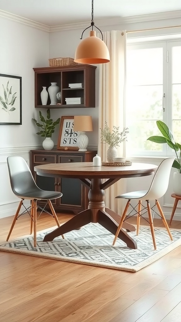 A cozy small dining area featuring a round wooden table with two chairs, a stylish pendant light, and decorative elements.