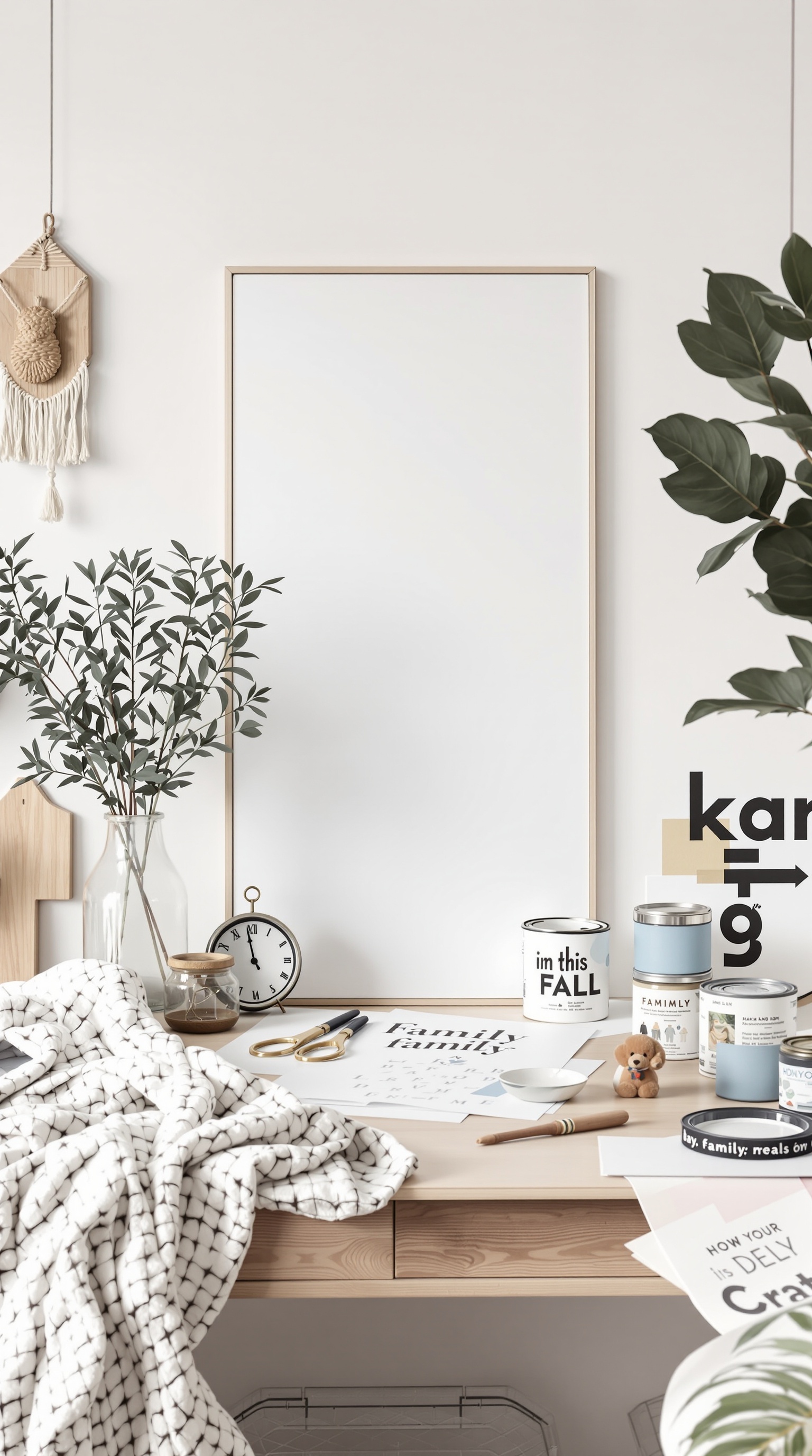 A cozy workspace with a blank canvas, plants, and various art supplies, suggesting a DIY project for family-themed wallpaper.