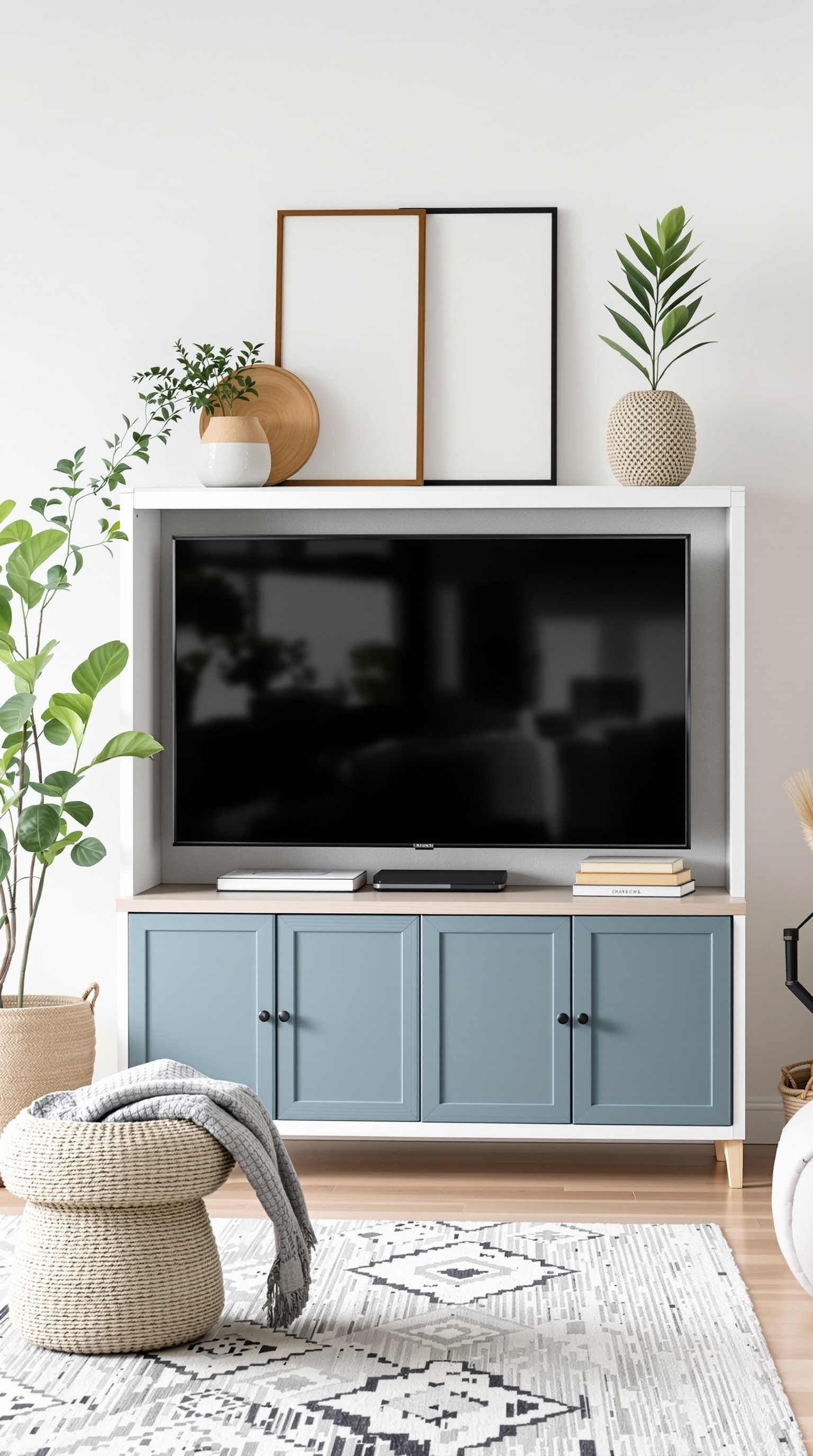 Stylish Kallax unit with a TV, decorative items, and plants.