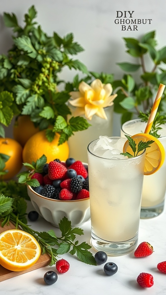 DIY lemonade garnish bar with fresh fruits and herbs.