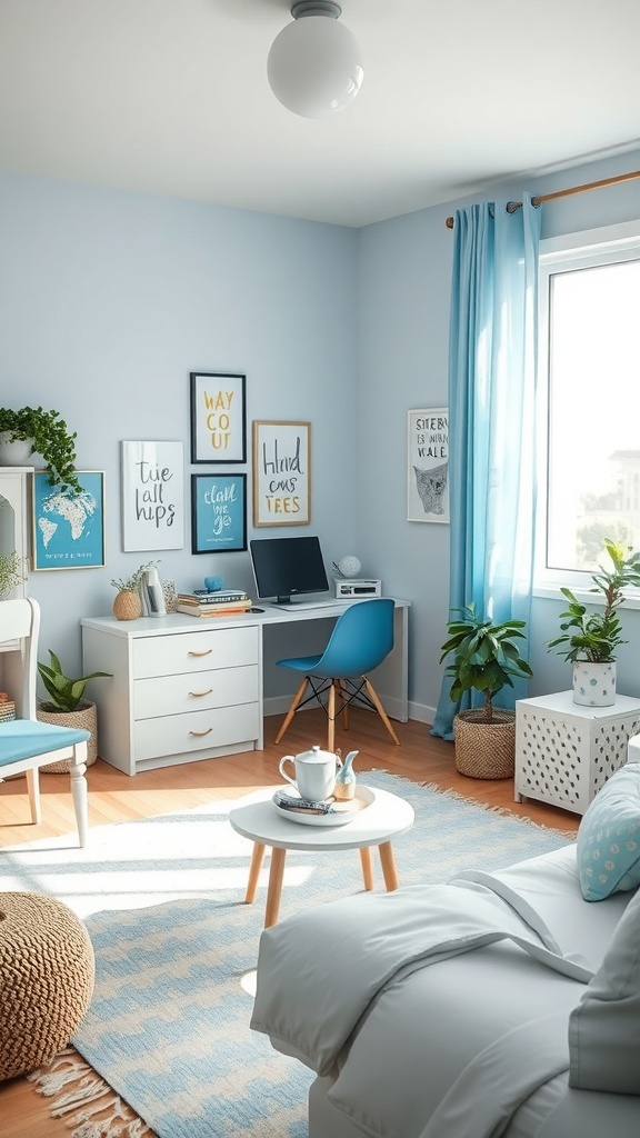 A cozy light blue dorm room with a desk, plants, and decorative wall art.