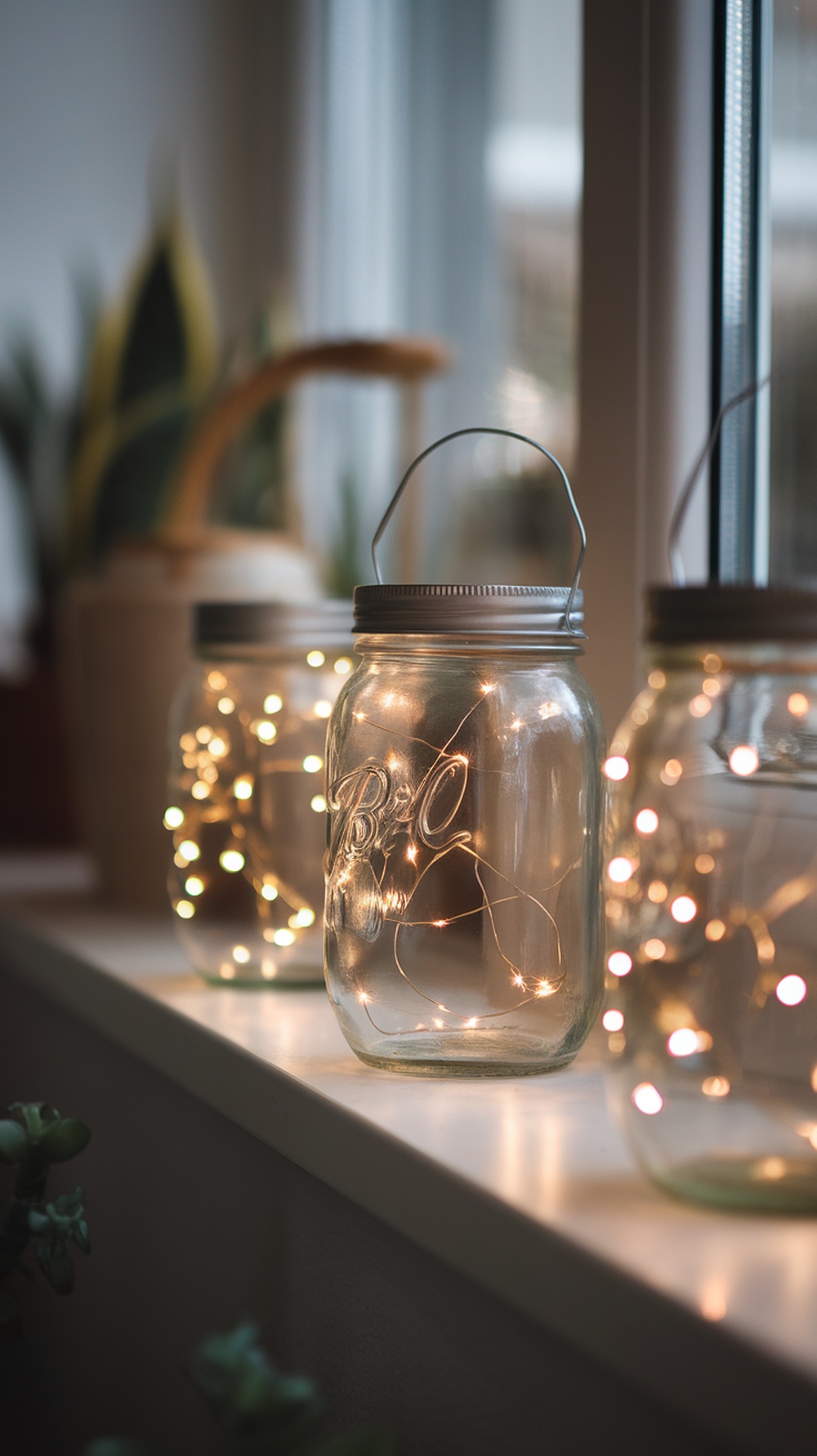 Mason jars filled with fairy lights on a windowsill