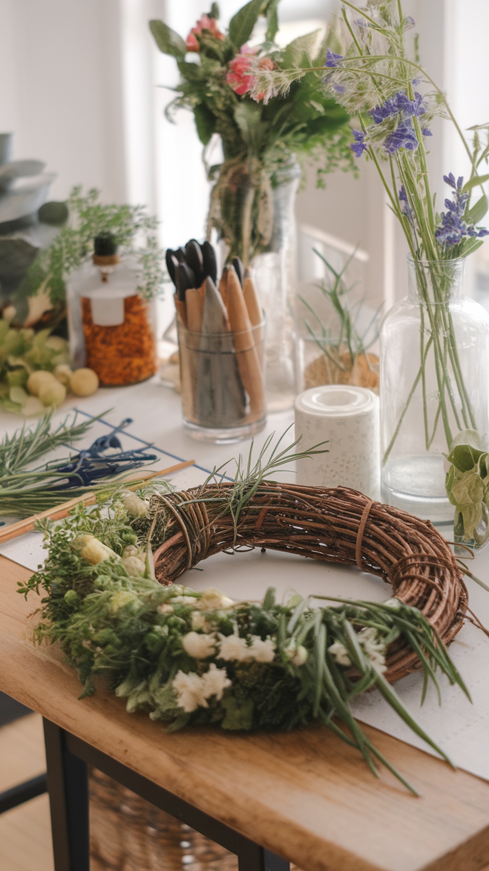 A workspace with a natural wreath base surrounded by fresh greenery and flowers, ready for crafting.