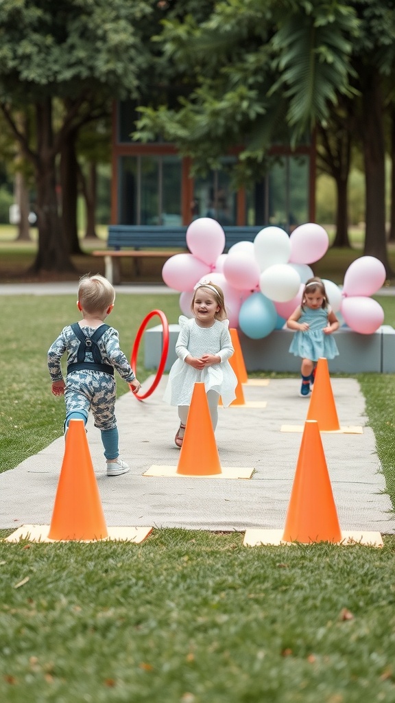 Children playing in a DIY obstacle course with cones and hoops in a park setting.