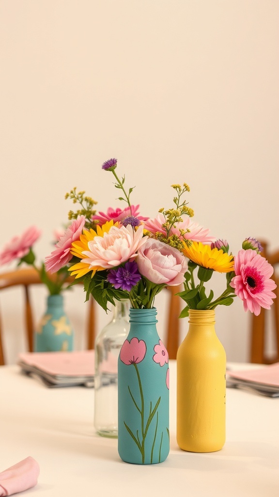 Colorful painted bottles with flowers as wedding centerpieces on a table