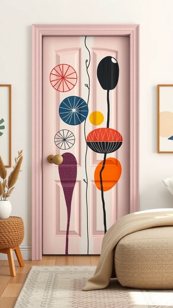 A colorful DIY painted door design featuring shapes and lines on a pink background.
