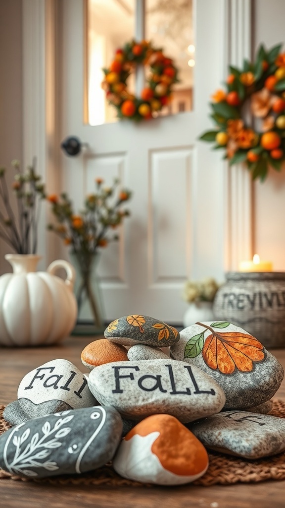 A collection of painted rocks with fall themes, including leaves and the word 'Fall', arranged in a cozy indoor setting.