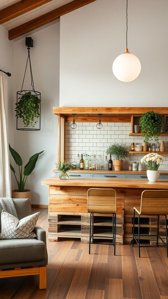 A cozy DIY pallet bar with wooden stools, plants, and decorative items.