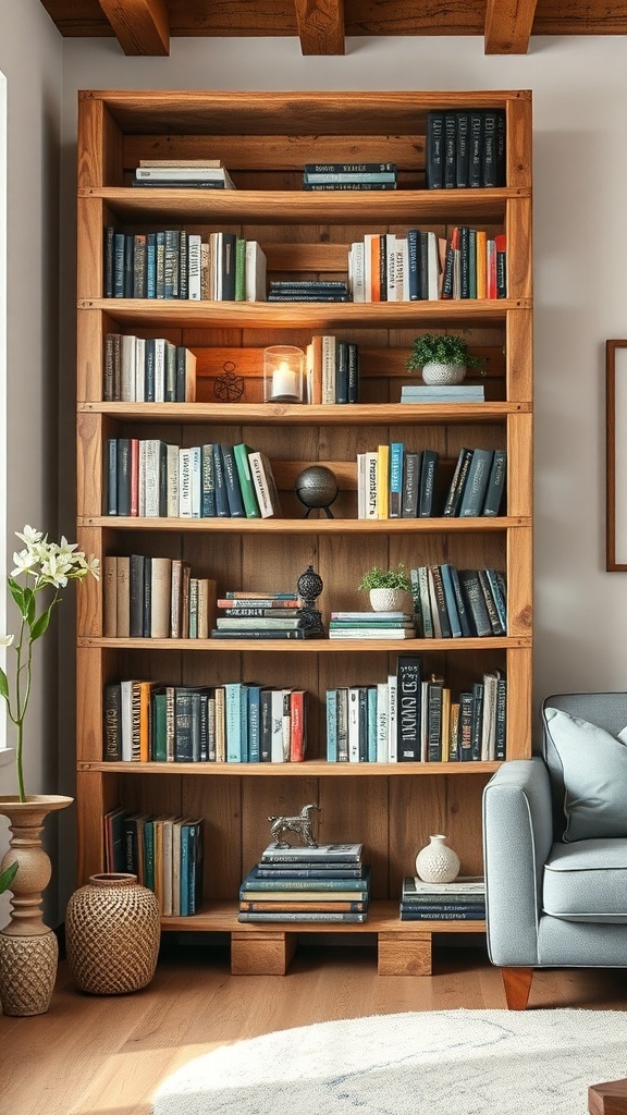 A wooden bookshelf filled with books and decorative items, showcasing a cozy and rustic style.