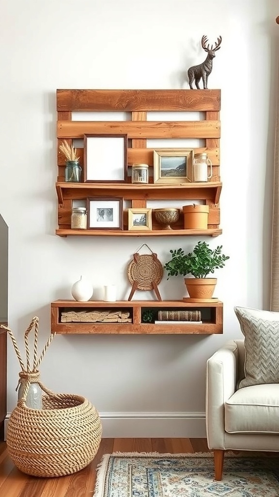 DIY pallet shelves mounted on a wall, featuring decorative items, plants, and a cozy atmosphere.