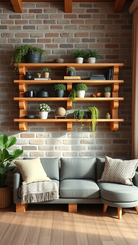 A rustic wall shelf made from wooden pallets, decorated with plants and decorative items, against a brick wall.