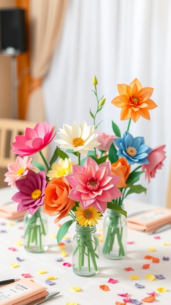 Colorful DIY paper flower bouquets in glass vases on a table