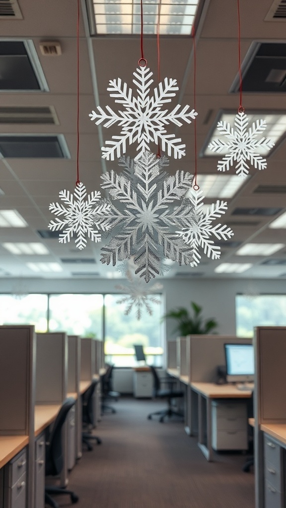 Decorative paper snowflakes hanging in an office cubicle