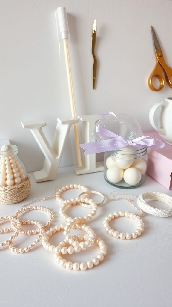 An assortment of DIY pearl bracelets, crafting tools, and a decorative setup for a bridal shower theme.